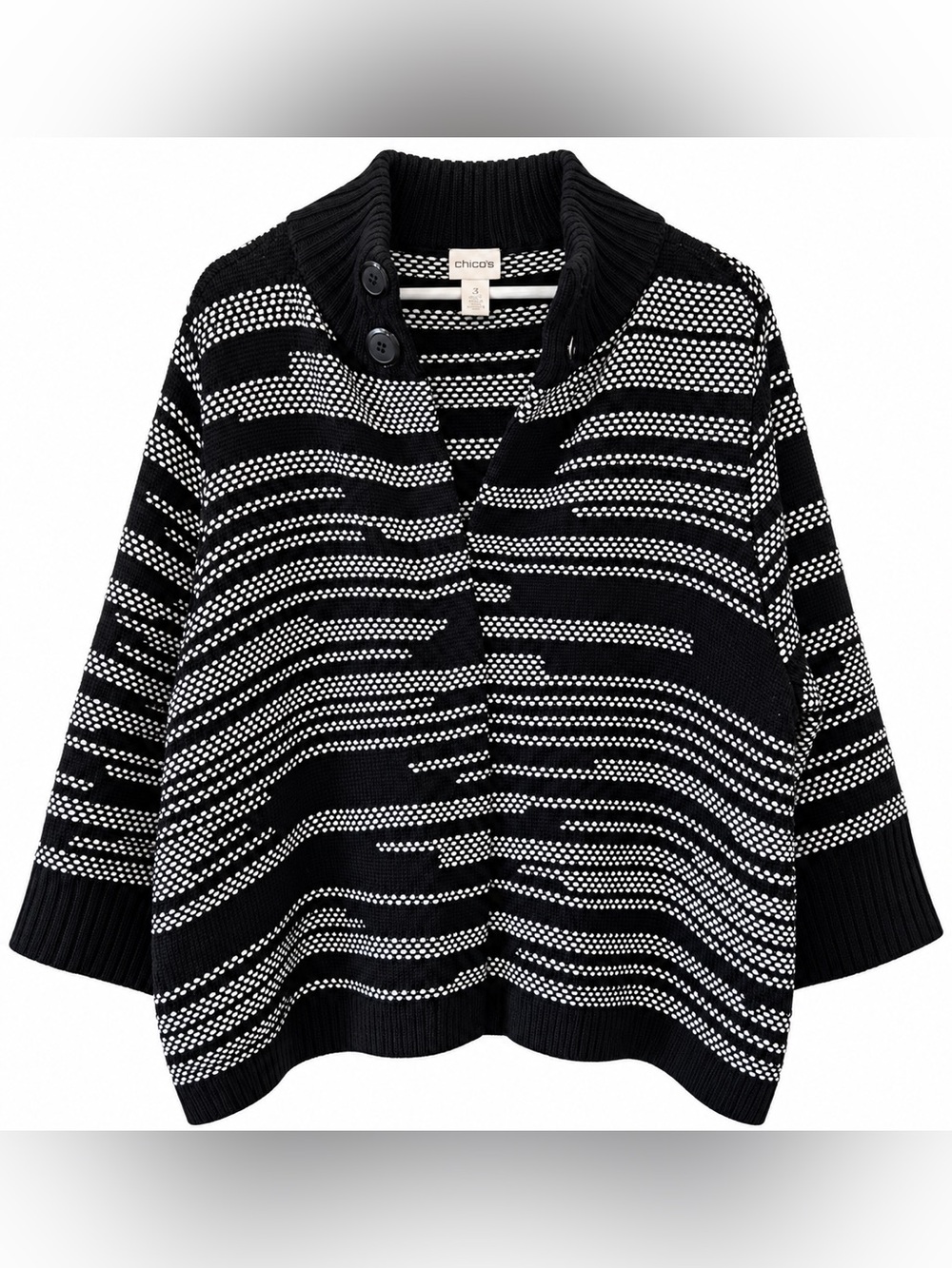 NWOT Chico's Black & White Striped Knit Pullover Mockneck Sweater Wool XL Cozy
